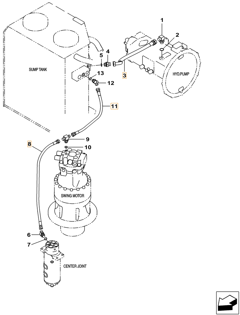 Case CX250C LC installation diagram showing hydraulic hose KAJ2420 at Pipe No. 3