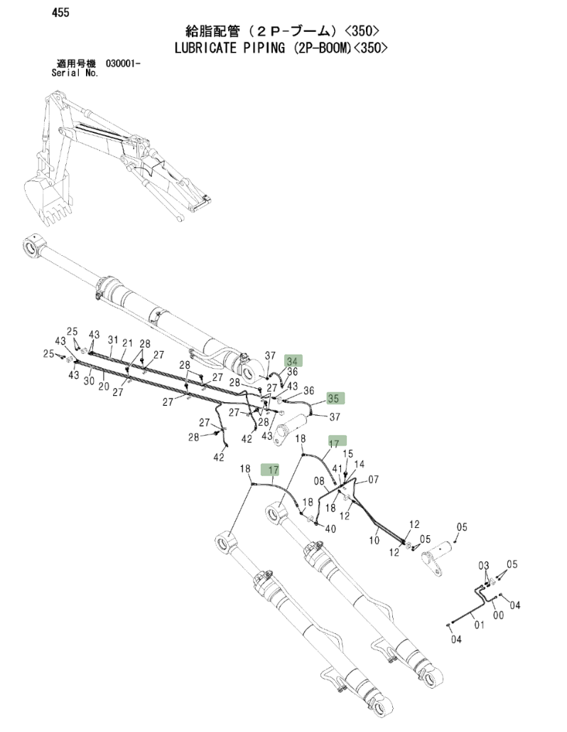 Hitachi ZX330LC installation diagram showing hydraulic hose 4394216 at Pipe No. 34