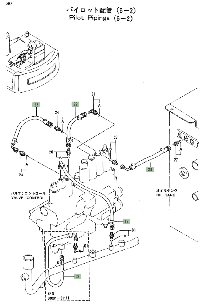 Hitachi EX100-2 installation diagram showing hydraulic hose 4276734 at Pipe No. 28