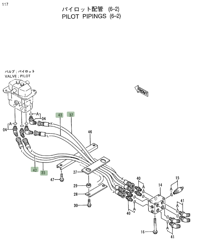 Hitachi EX400LC-3 installation diagram showing hydraulic hose 4360932 at Pipe No. 42