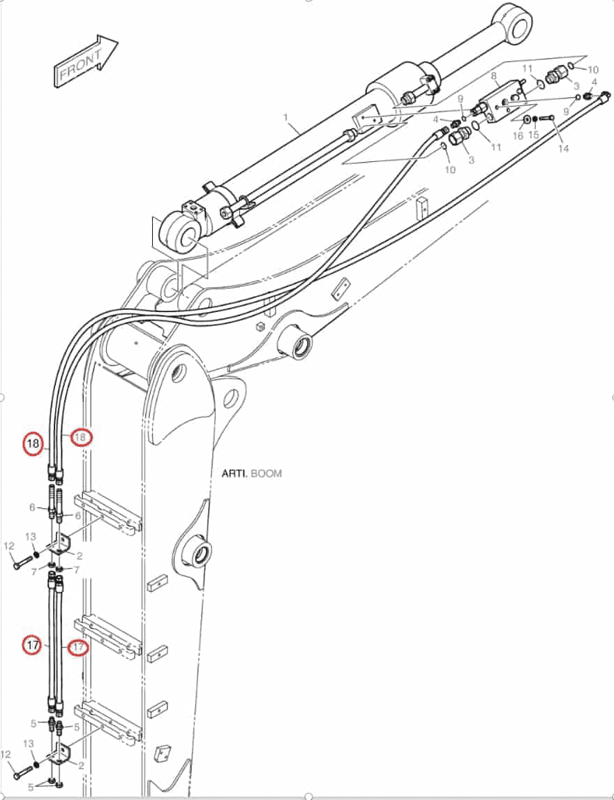 Doosan DX80R installation diagram showing hydraulic hose 2184-1045D163 at Pipe No. 18
