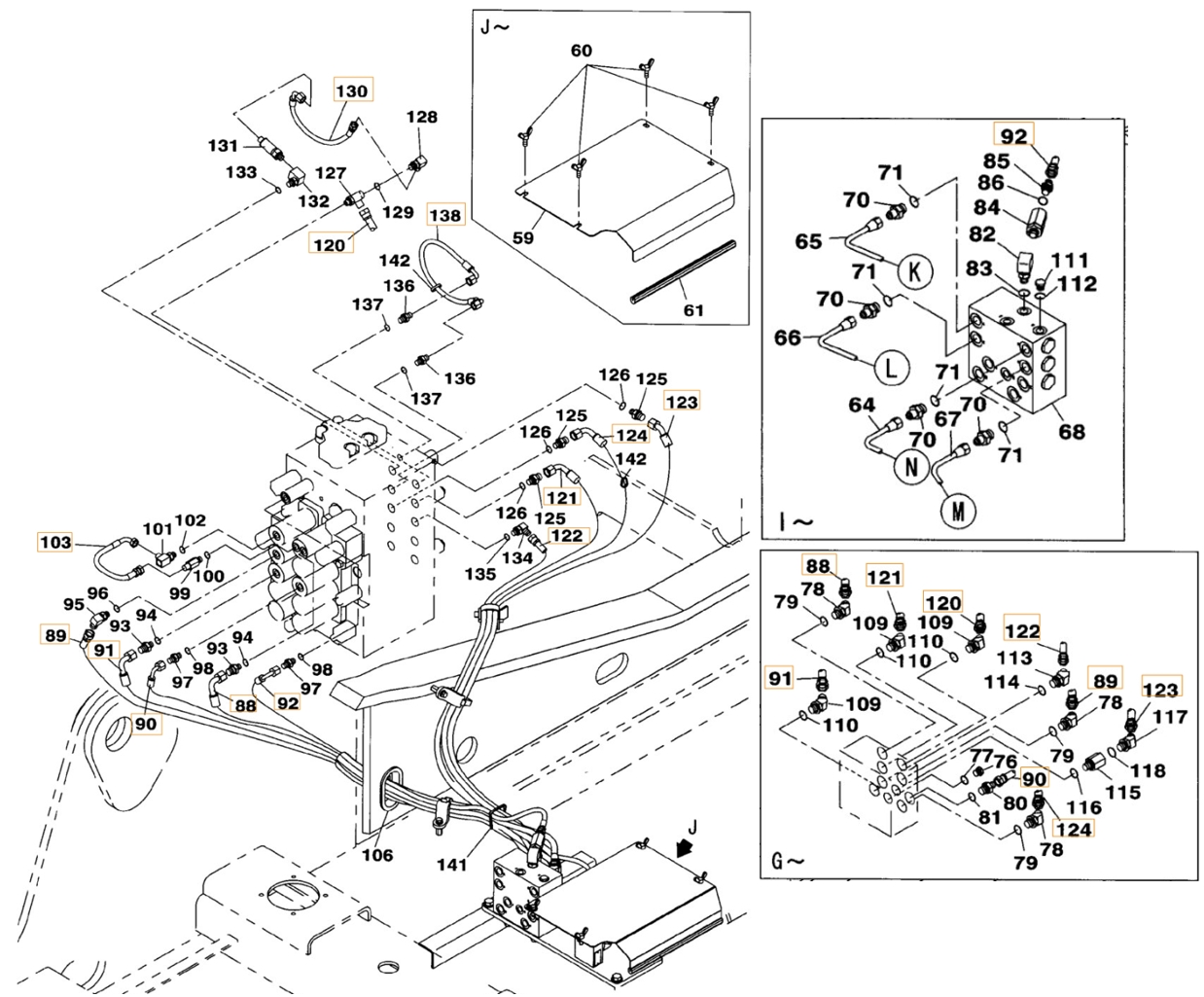 Case CX240BLR installation diagram showing hydraulic hose KHJ1387 at Pipe No. 103