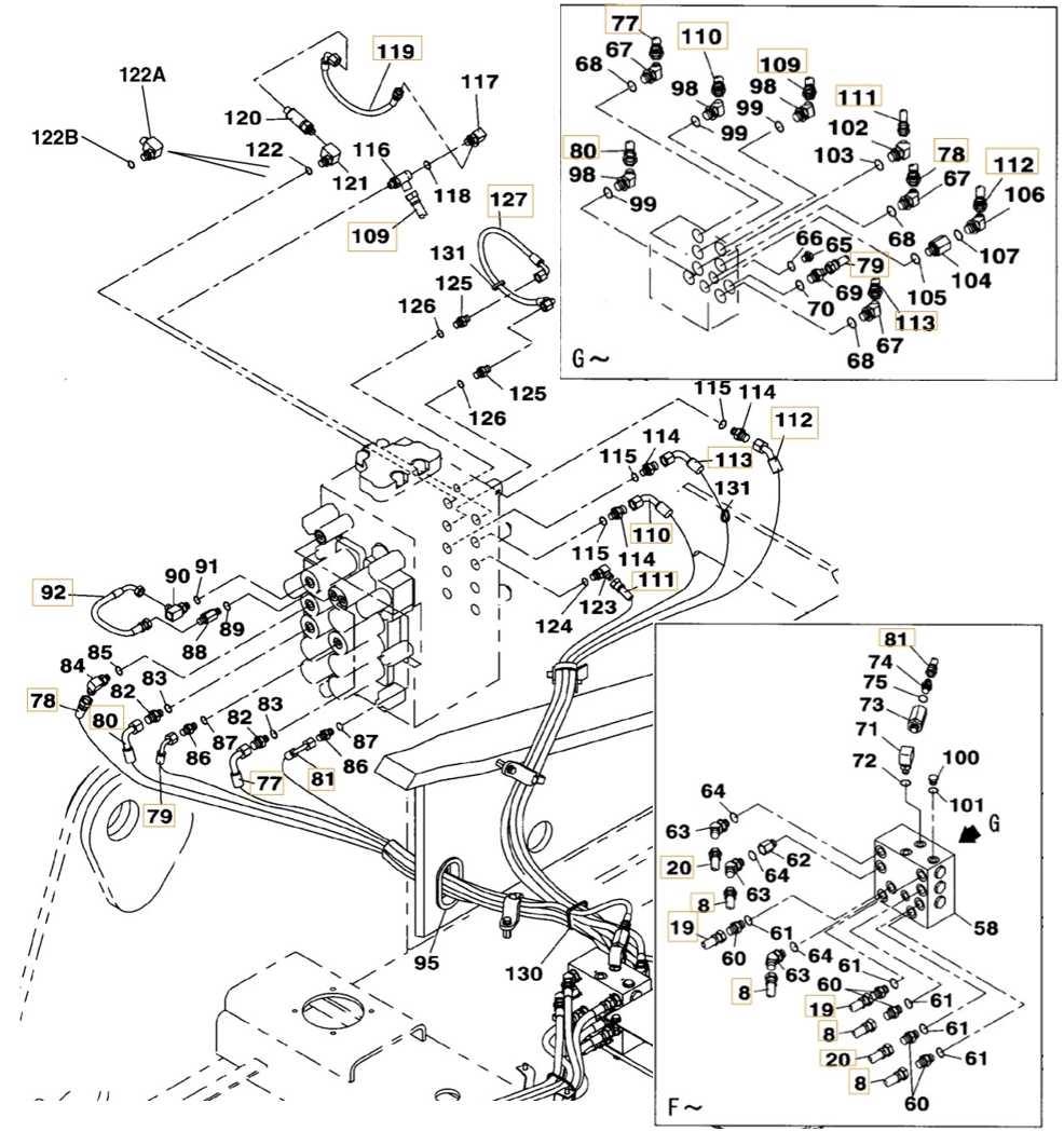 Case CX210B installation diagram showing hydraulic hose KHJ2054 at Pipe No. 111