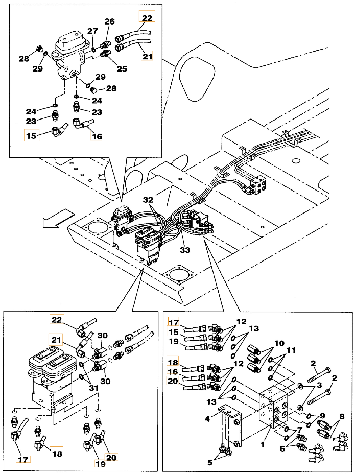 Case CX250C installation diagram showing hydraulic hose KHJ2180 at Pipe No. 21