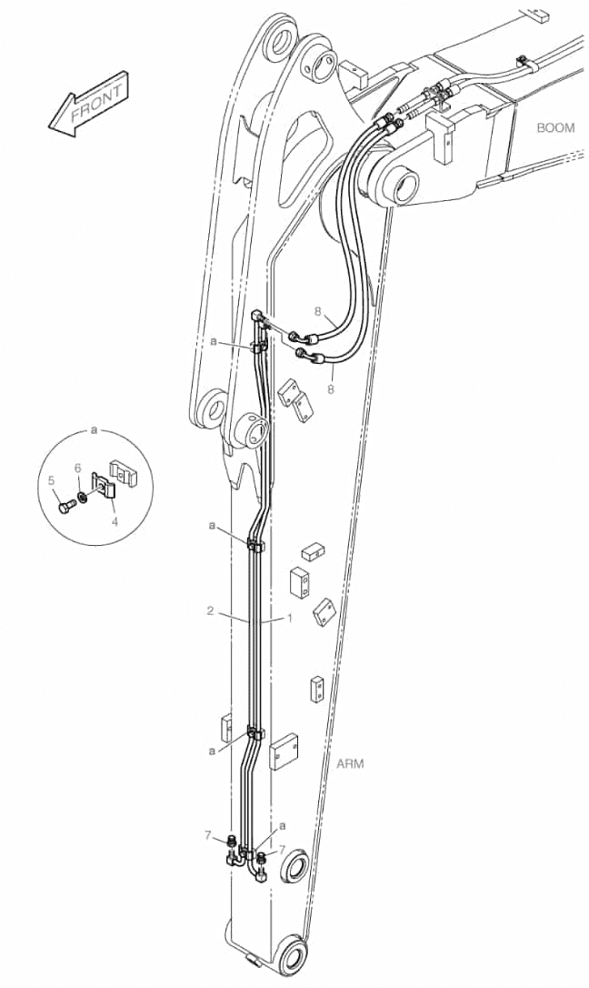 Doosan DX80R installation diagram showing hydraulic hose DS20551099 at Pipe No. 8
