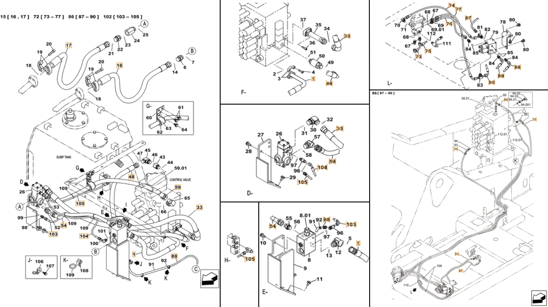 Case CX380C LC installation diagram showing hydraulic hose KHJ2194 at Pipe No. 77