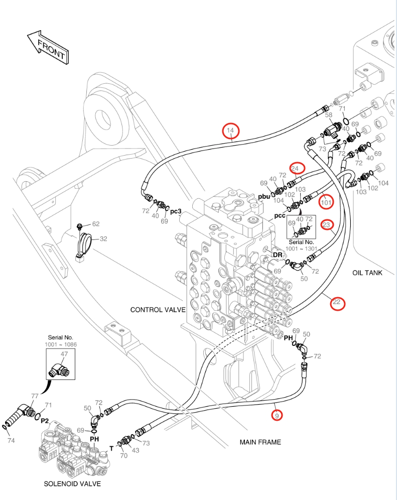Doosan DX140LC-5 installation diagram showing hydraulic hose DS2121253 at Pipe No. 14