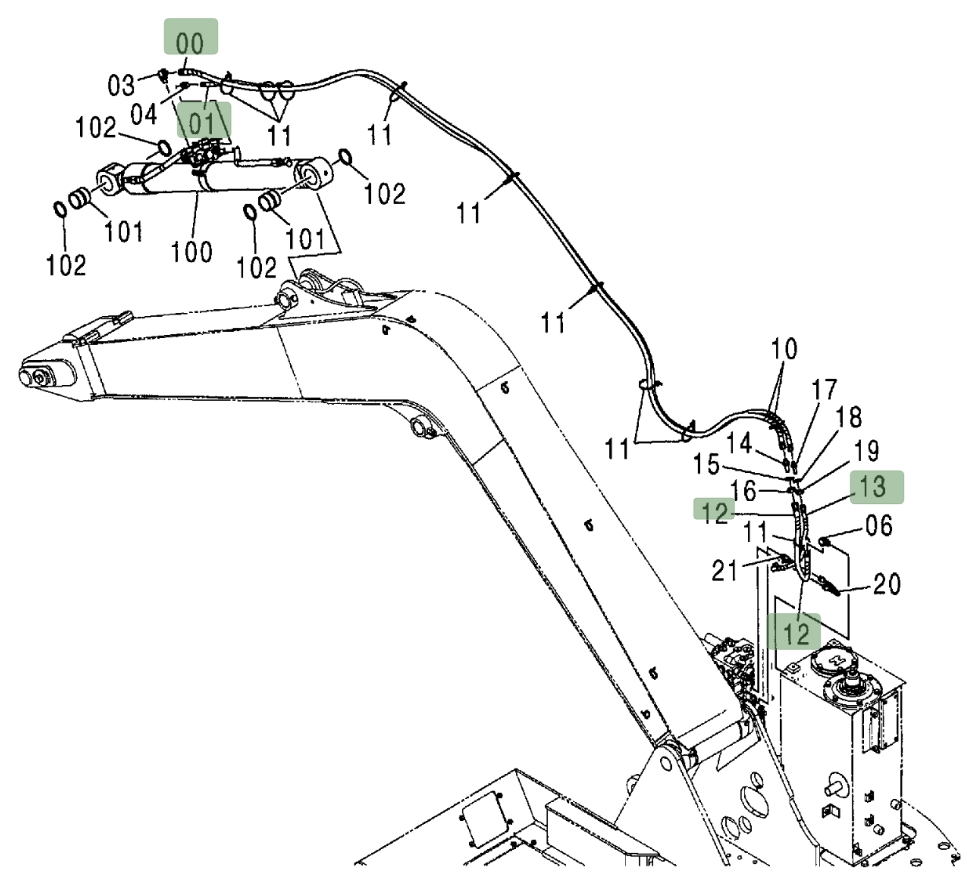 Hitachi ZX75US installation diagram showing hydraulic hose 4474678 at Pipe No. 12
