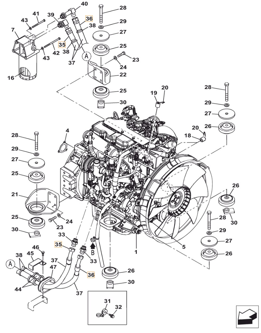 Case CX130C W/B installation diagram showing hydraulic hose KLH10210 at Pipe No. 35