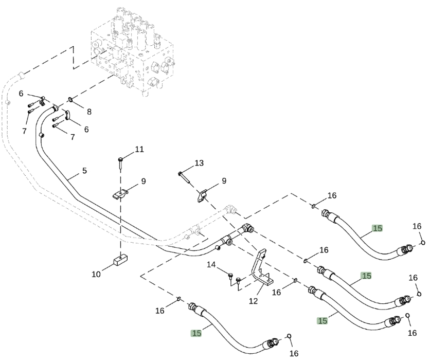 Hitachi ZX380LC-5N installation diagram showing hydraulic hose 4654322 at Pipe No. 15