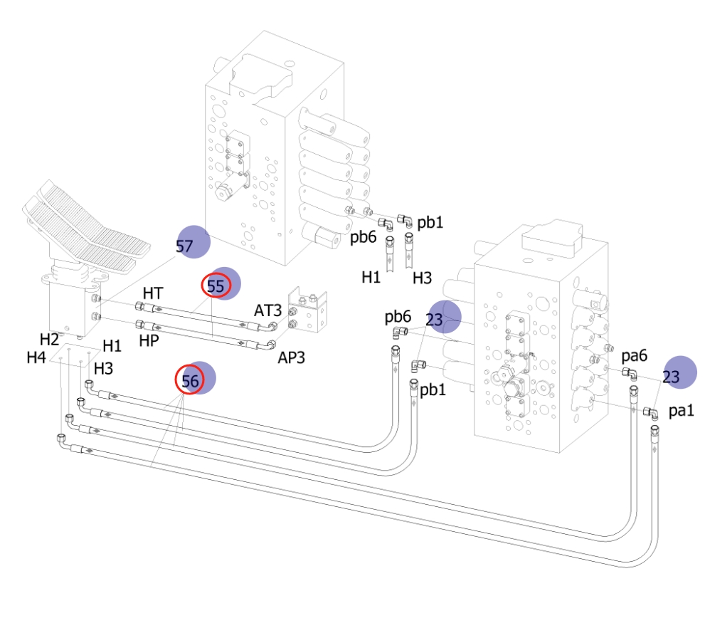 Sunward SWE235E-3H installation diagram showing hydraulic hose 730502000380 at Pipe No. 55