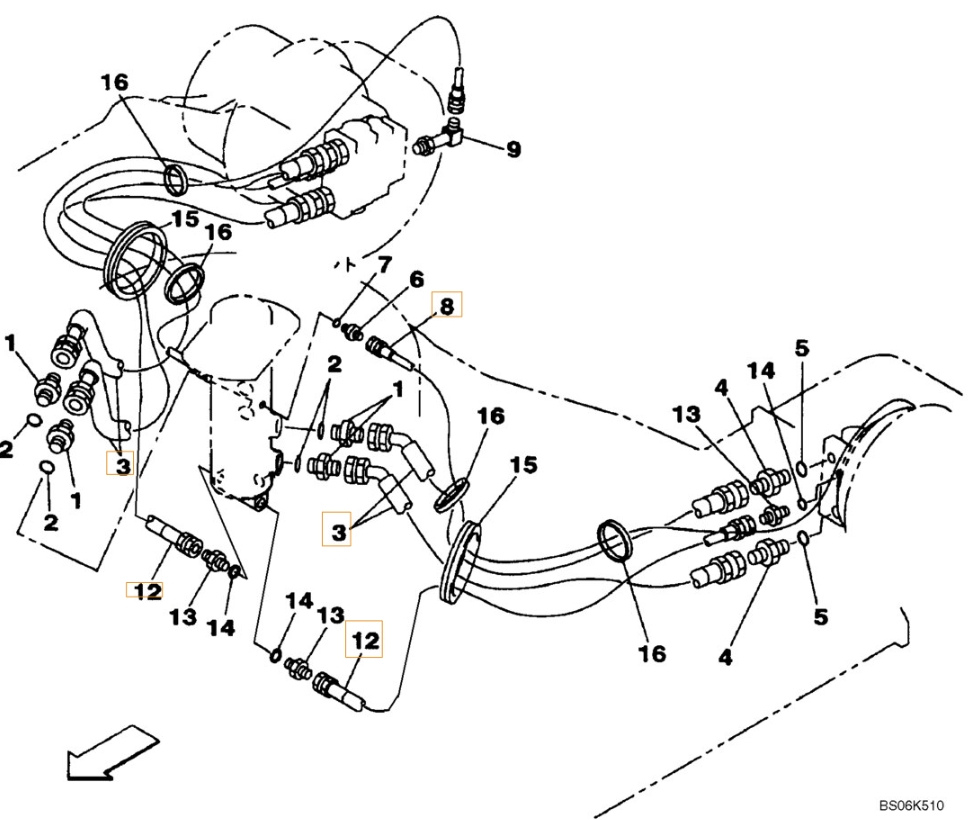Case CX240BLR installation diagram showing hydraulic hose 157203A1 at Pipe No. 8