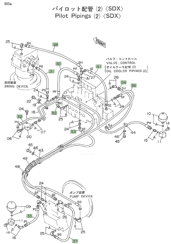 Hitachi EX160WD installation diagram showing hydraulic hose 4214415 at Pipe No. 38