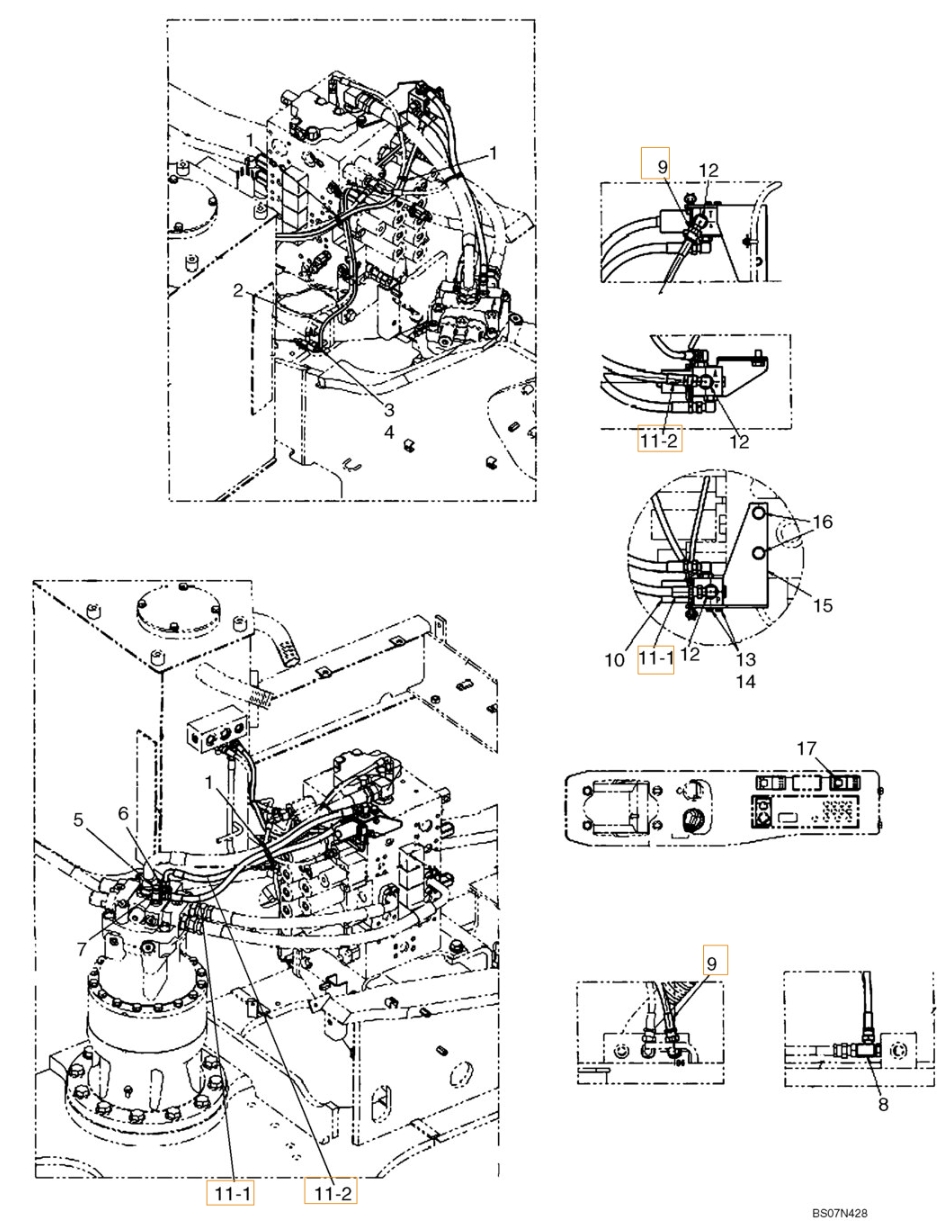 Case CX210B installation diagram showing hydraulic hose KHJ2048 at Pipe No. 9
