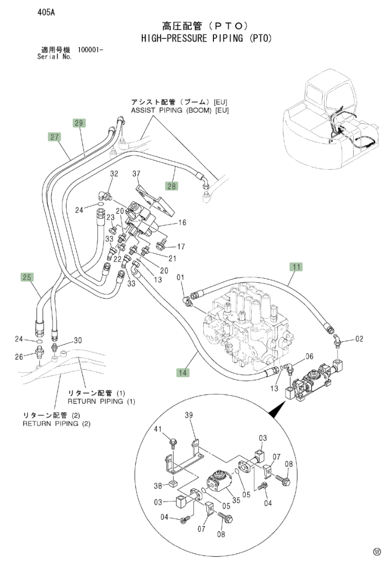 Hitachi ZX225USLC installation diagram showing hydraulic hose 4366088 at Pipe No. 11