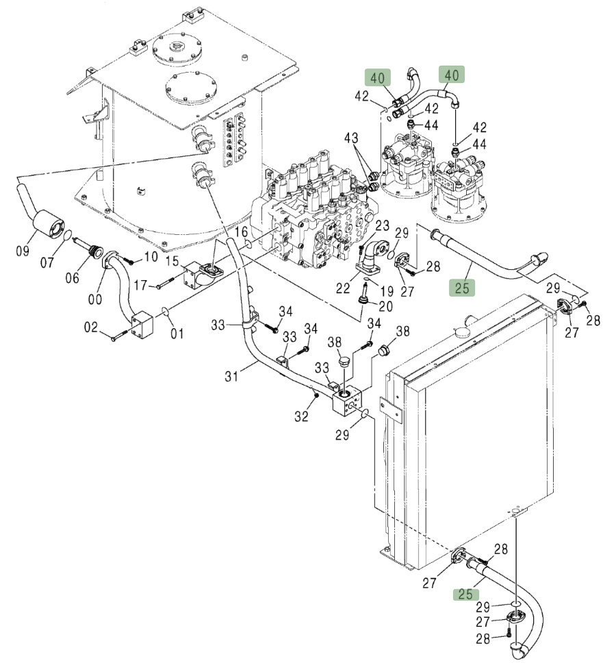 Hitachi ZX450LC installation diagram showing hydraulic hose 4323284 at Pipe No. 40