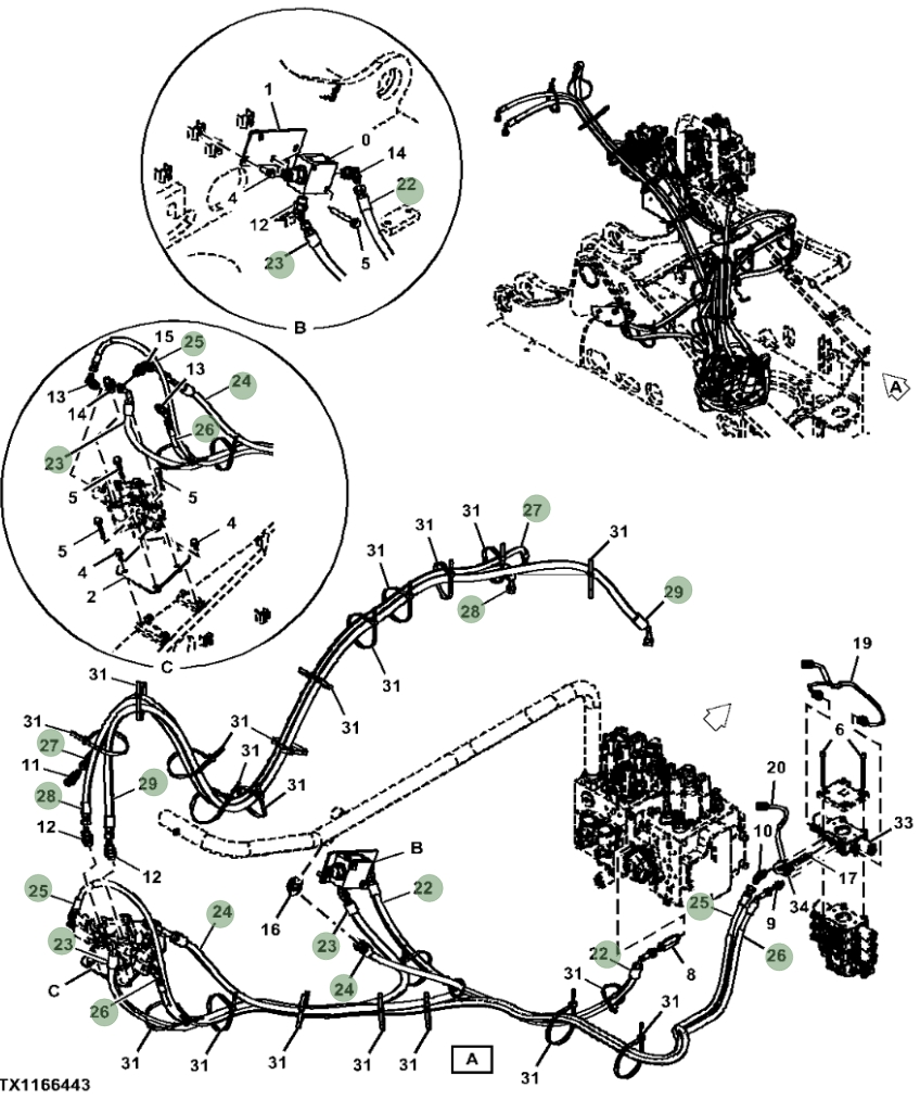 Hitachi ZX190W-5N installation diagram showing hydraulic hose 9322956 at Pipe No. 24