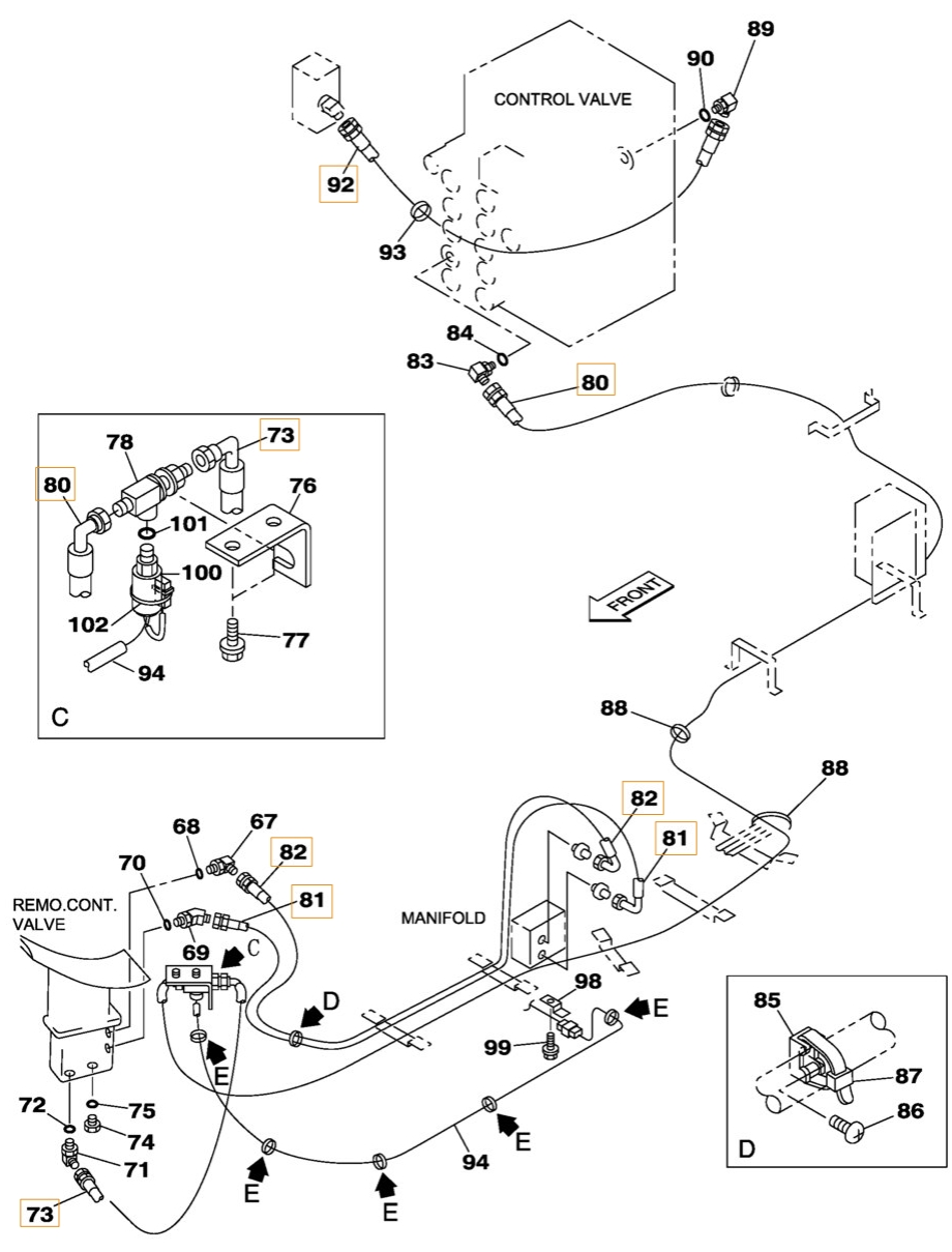 Case CX350 installation diagram showing hydraulic hose 159019A1 at Pipe No. 82