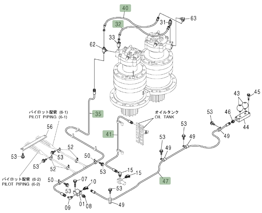 Hitachi ZX800 installation diagram showing hydraulic hose 4431841 at Pipe No. 47