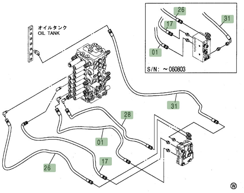 Hitachi ZX80 installation diagram showing hydraulic hose 4602337 at Pipe No. 31
