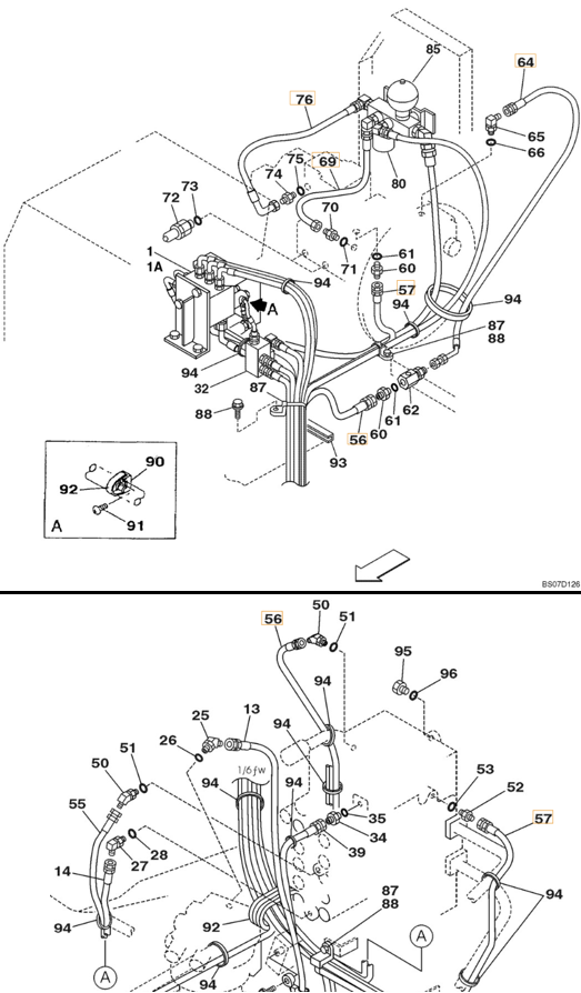 Case CX290 installation diagram showing hydraulic hose 152604A1 at Pipe No. 56