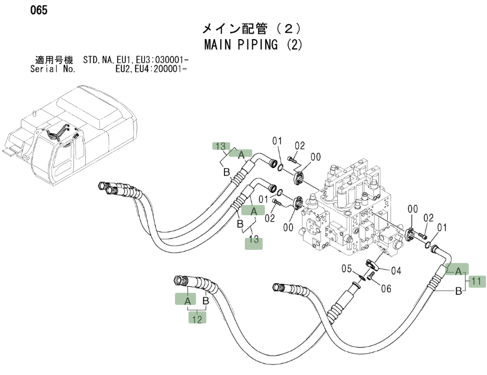 Hitachi ZX330LC installation diagram showing hydraulic hose 4439932 at Pipe No. 12A