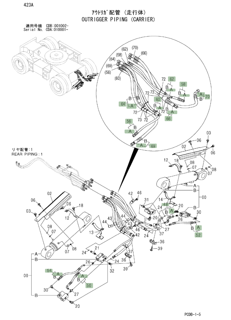 Hitachi ZX210W installation diagram showing hydraulic hose 9227746 at Pipe No. 66