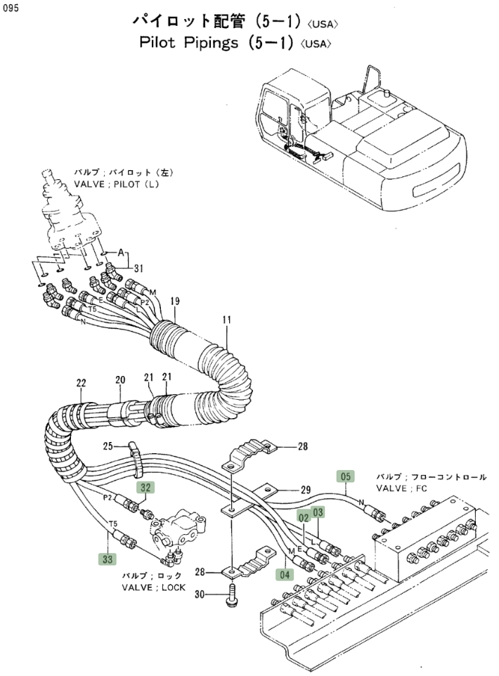 Hitachi EX300LC-2 installation diagram showing hydraulic hose 4316006 at Pipe No. 32