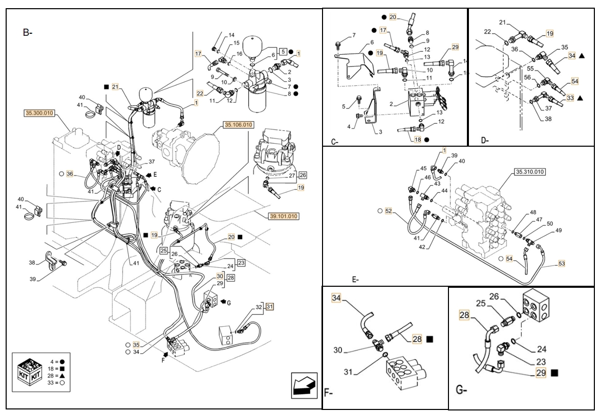 Case CX75C SR installation diagram showing hydraulic hose KHJ2625 at Pipe No. B36-D34