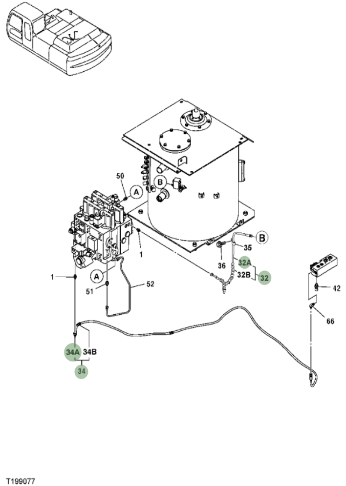 Hitachi ZX350F installation diagram showing hydraulic hose 4437795 at Pipe No. 32A