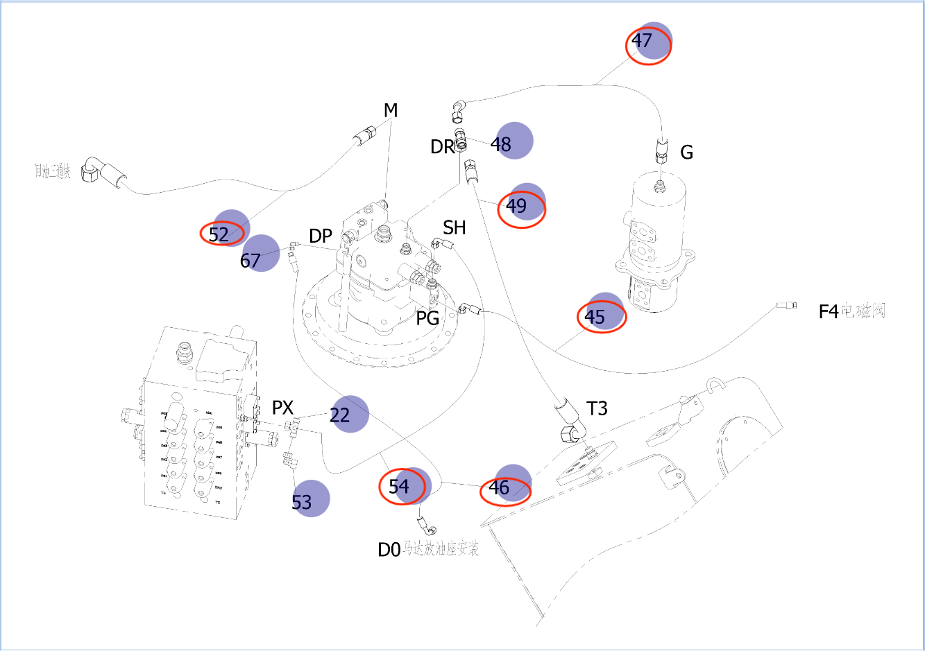 Sunward SWE135E-3H installation diagram showing hydraulic hose 730502000463 at Pipe No. 54