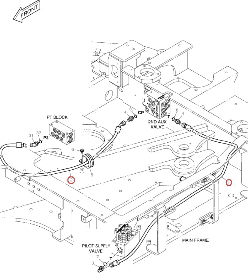 Doosan DX63-3 installation diagram showing hydraulic hose DS2094170 at Pipe No. 1