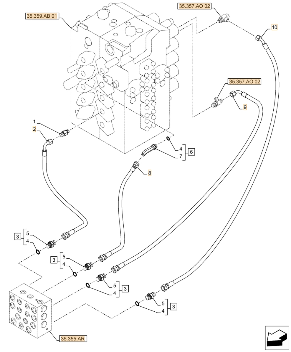 Case CX500D LC installation diagram showing hydraulic hose KHJ11590 at Pipe No. 2