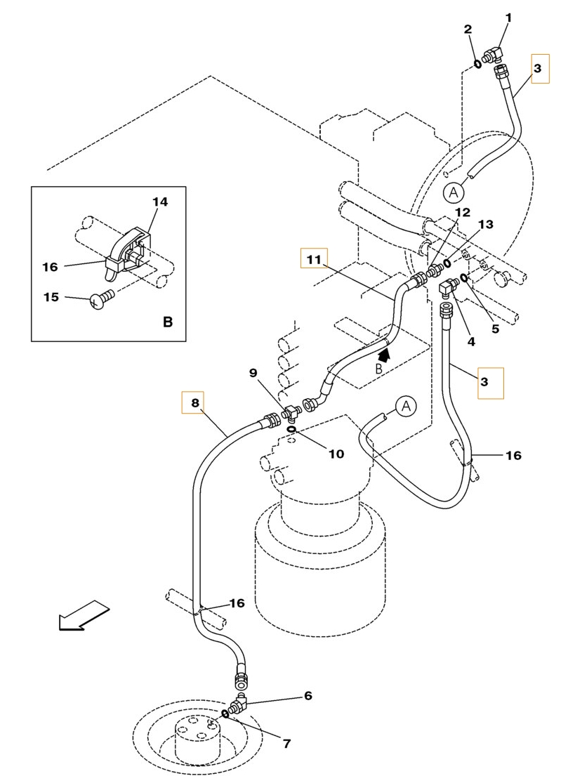 Case CX160 installation diagram showing hydraulic hose 159074A1 at Pipe No. 3