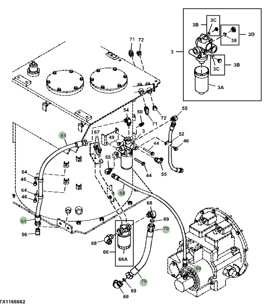 Hitachi ZX470LC-5G installation diagram showing hydraulic hose 4308657 at Pipe No. 52