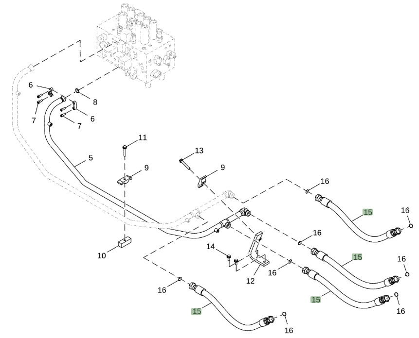 Hitachi ZX350LC-6N installation diagram showing hydraulic hose 4654322 at Pipe No. 15