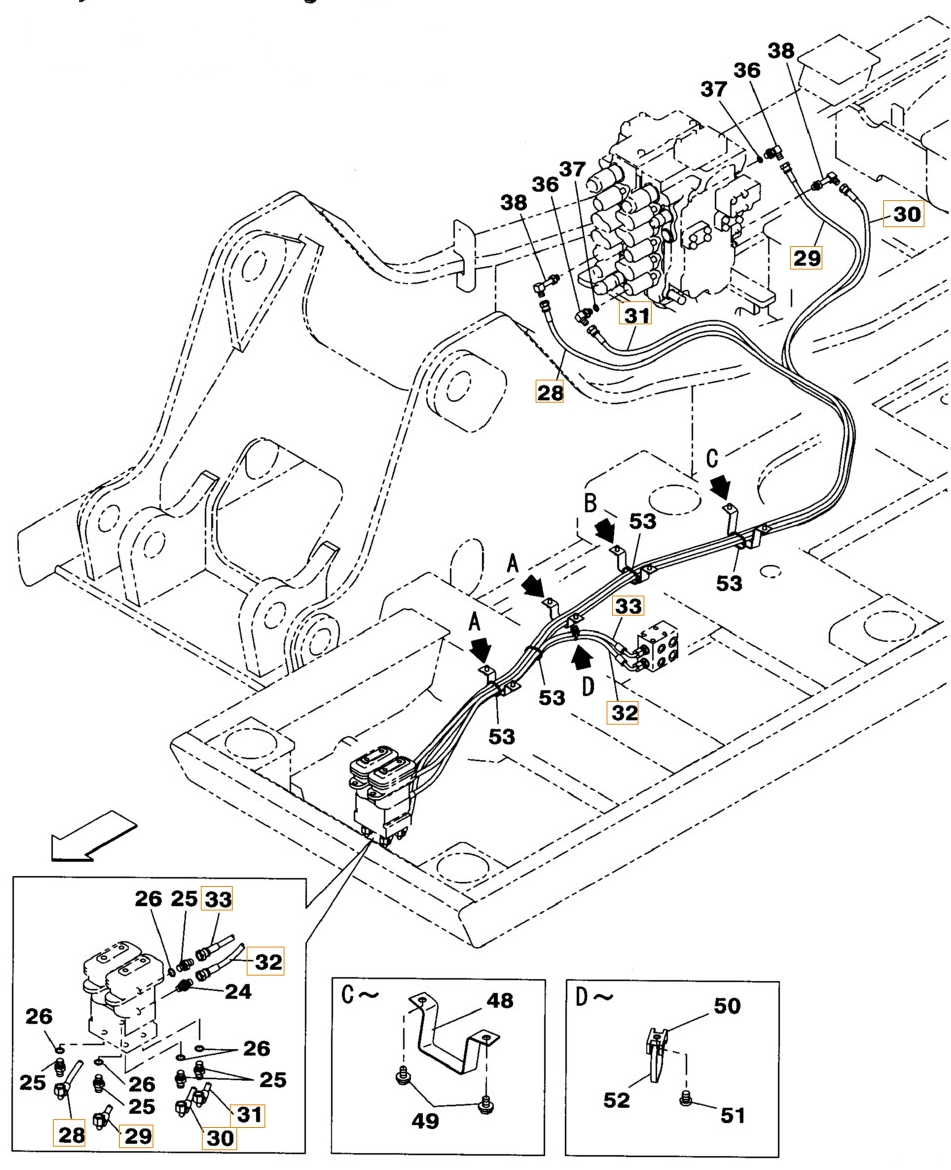 Case CX160B installation diagram showing hydraulic hose KHJ2165 at Pipe No. 28