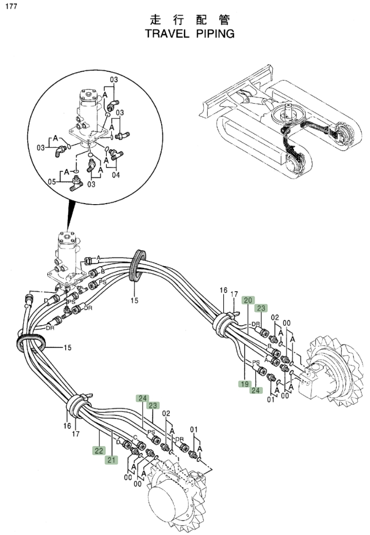 Hitachi EX50UNA installation diagram showing hydraulic hose 4426417 at Pipe No. 19