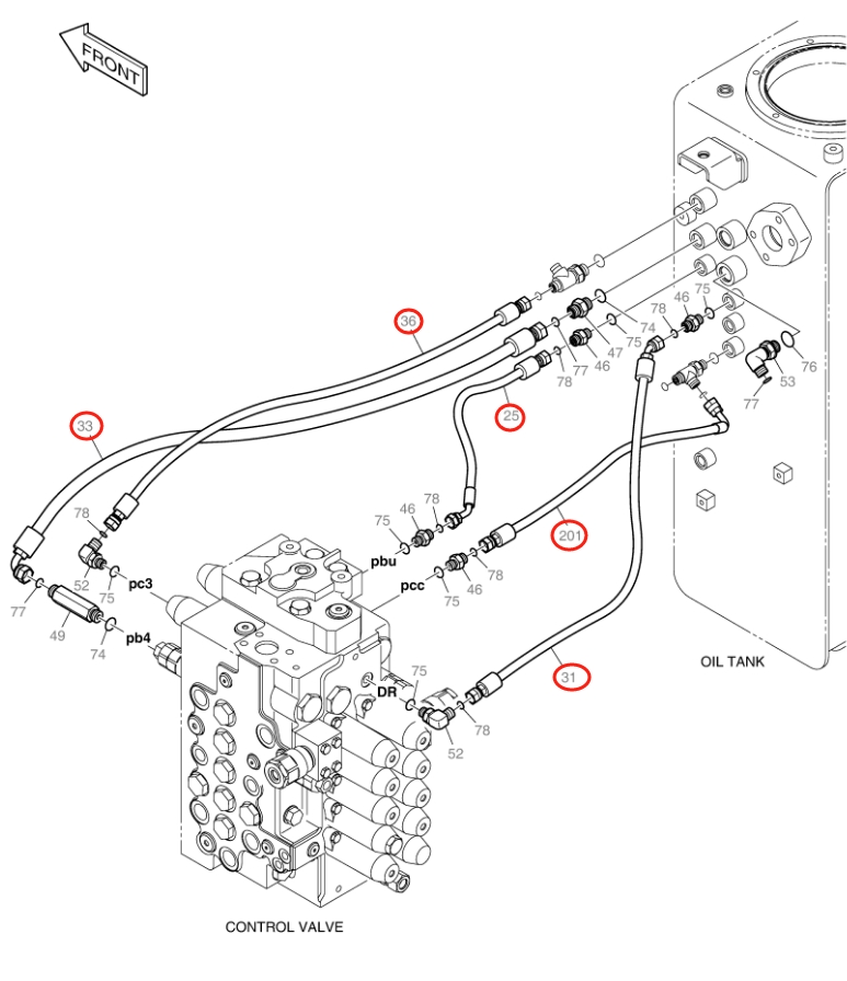 Doosan DX140LC-3 installation diagram showing hydraulic hose DS2121002 at Pipe No. 201