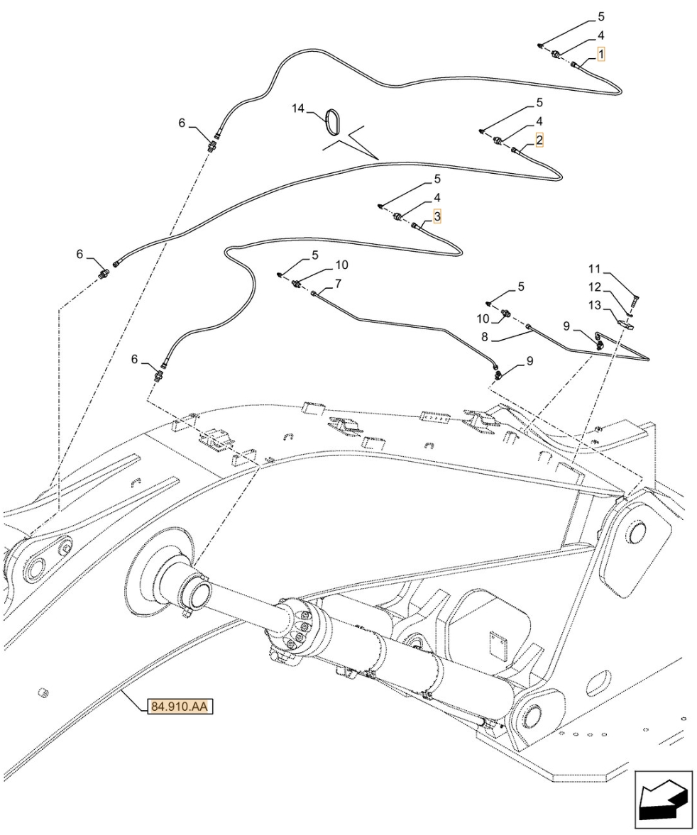Case CX490D LC installation diagram showing hydraulic hose KHJ2082 at Pipe No. 1