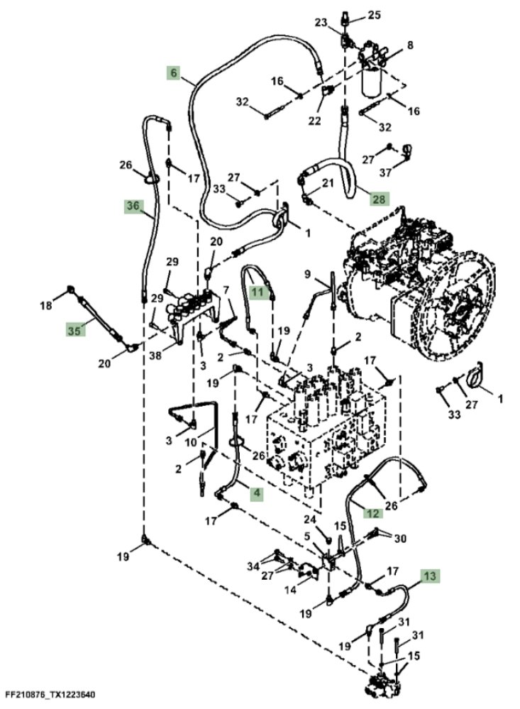 Hitachi ZX370F-LL-6N installation diagram showing hydraulic hose 4468180 at Pipe No. 36