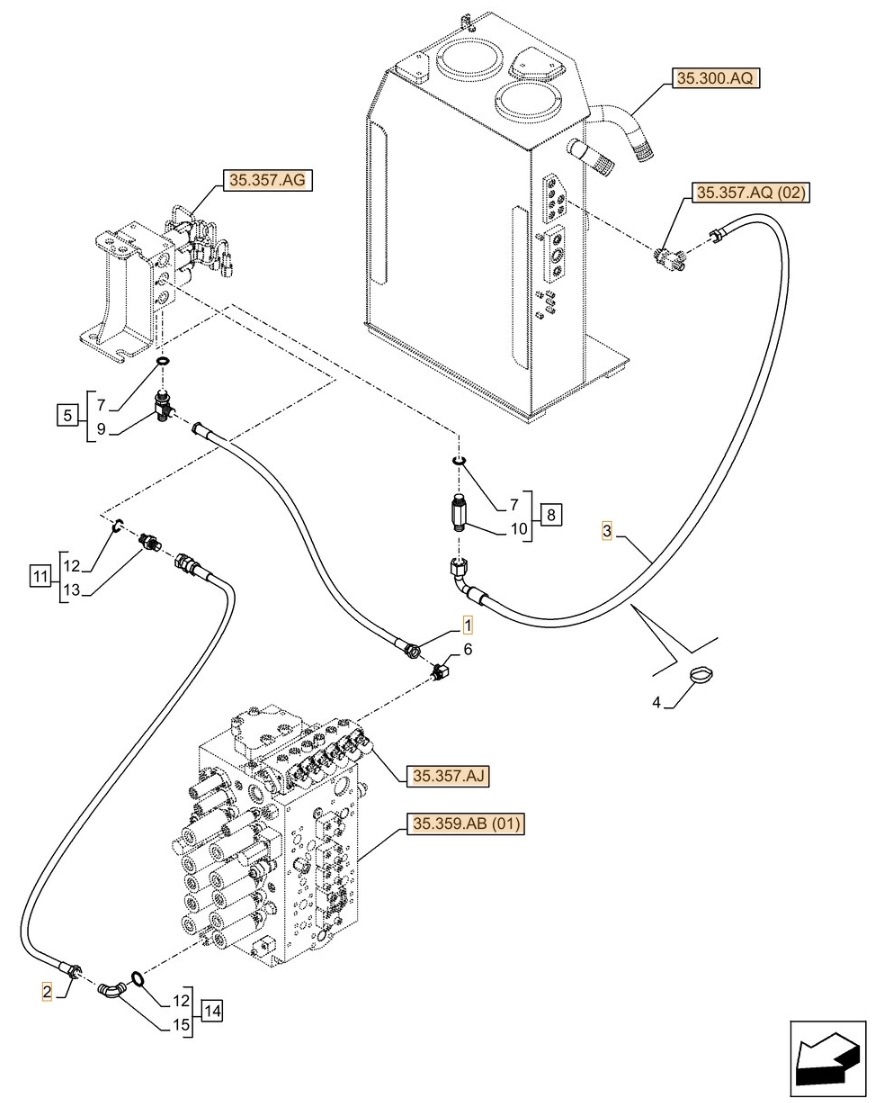 Case CX300D NLC installation diagram showing hydraulic hose KHJ13670 at Pipe No. 1