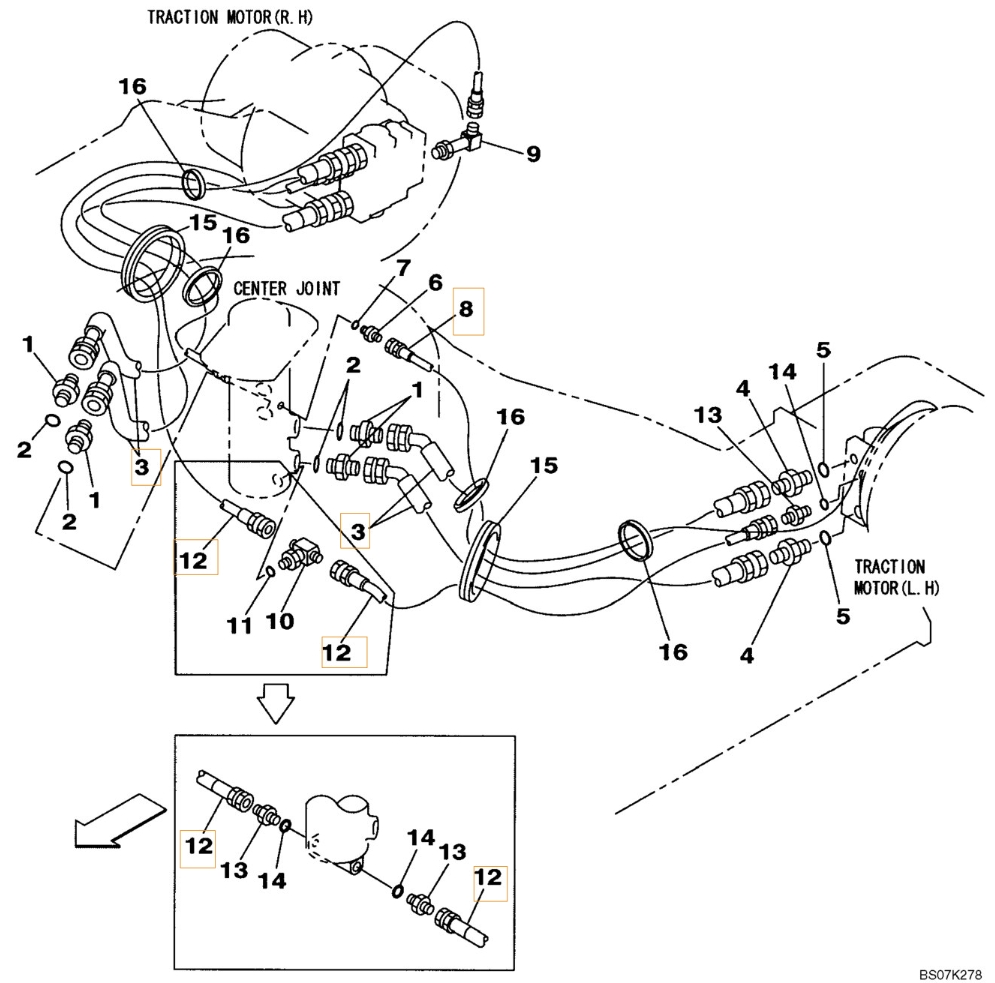 Case CX225SR installation diagram showing hydraulic hose KRA1536 at Pipe No. 3