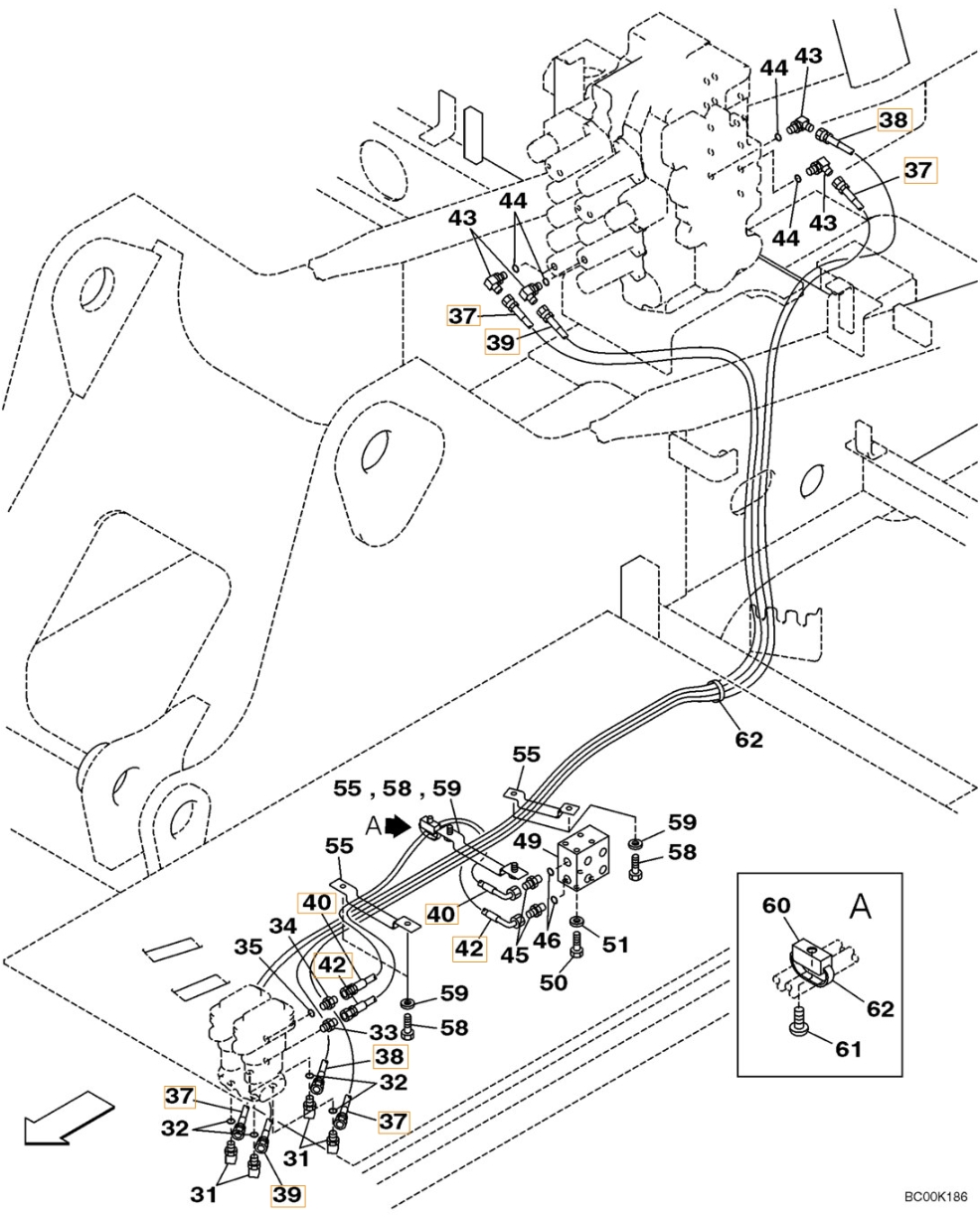 Case CX210LR installation diagram showing hydraulic hose 159019A1 at Pipe No. 40