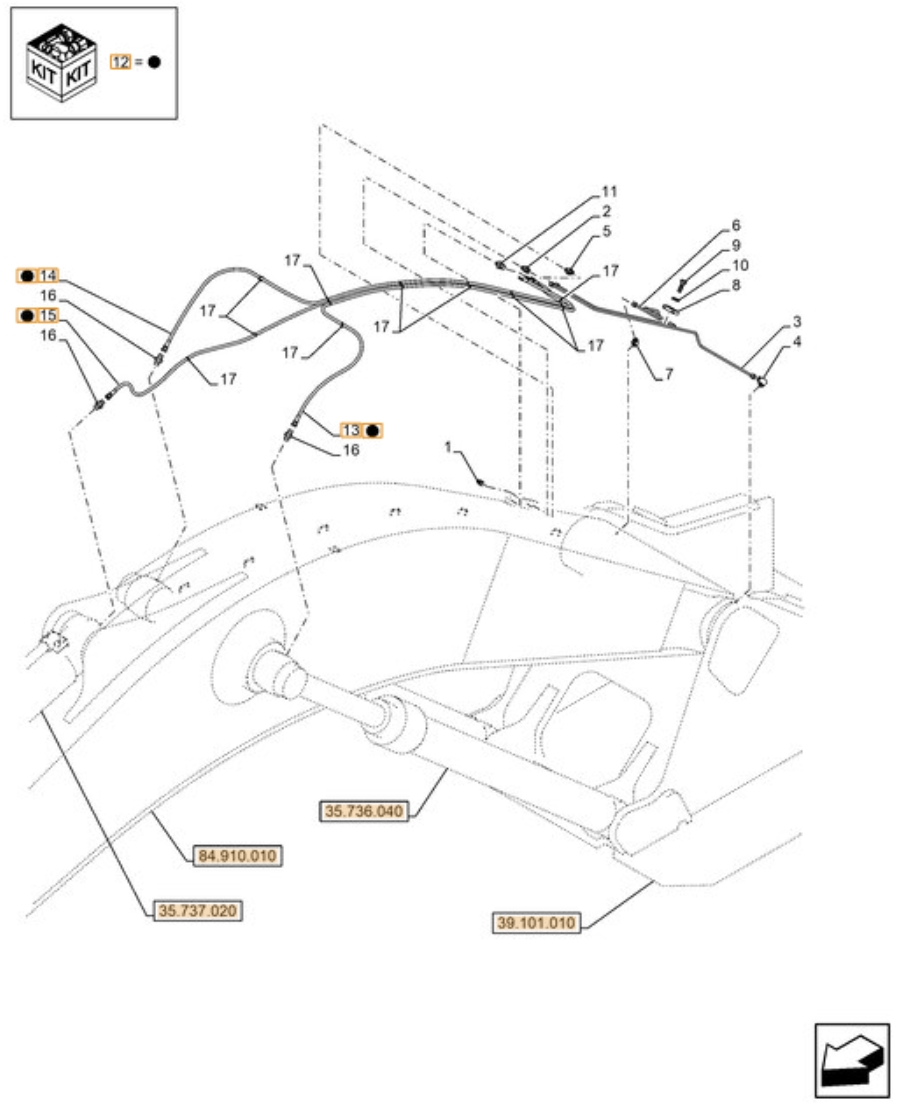 Case CX380D LC installation diagram showing hydraulic hose KHJ2082 at Pipe No. 15