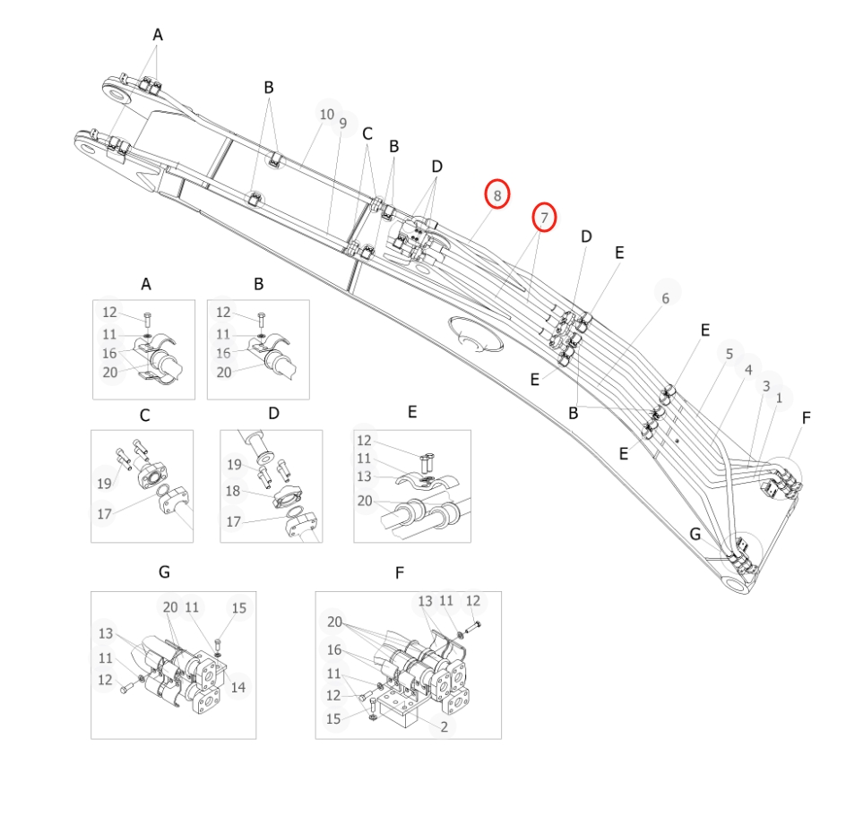 Sunward SWE500ES installation diagram showing hydraulic hose 730501004542 at Pipe No. 7