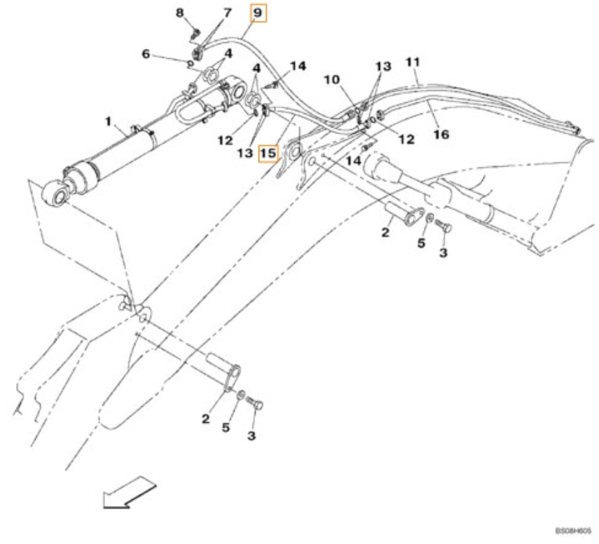 Case CX470B installation diagram showing hydraulic hose KTV13280 at Pipe No. 15
