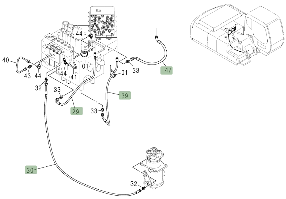 Hitachi ZX200LC installation diagram showing hydraulic hose 4435036 at Pipe No. 39