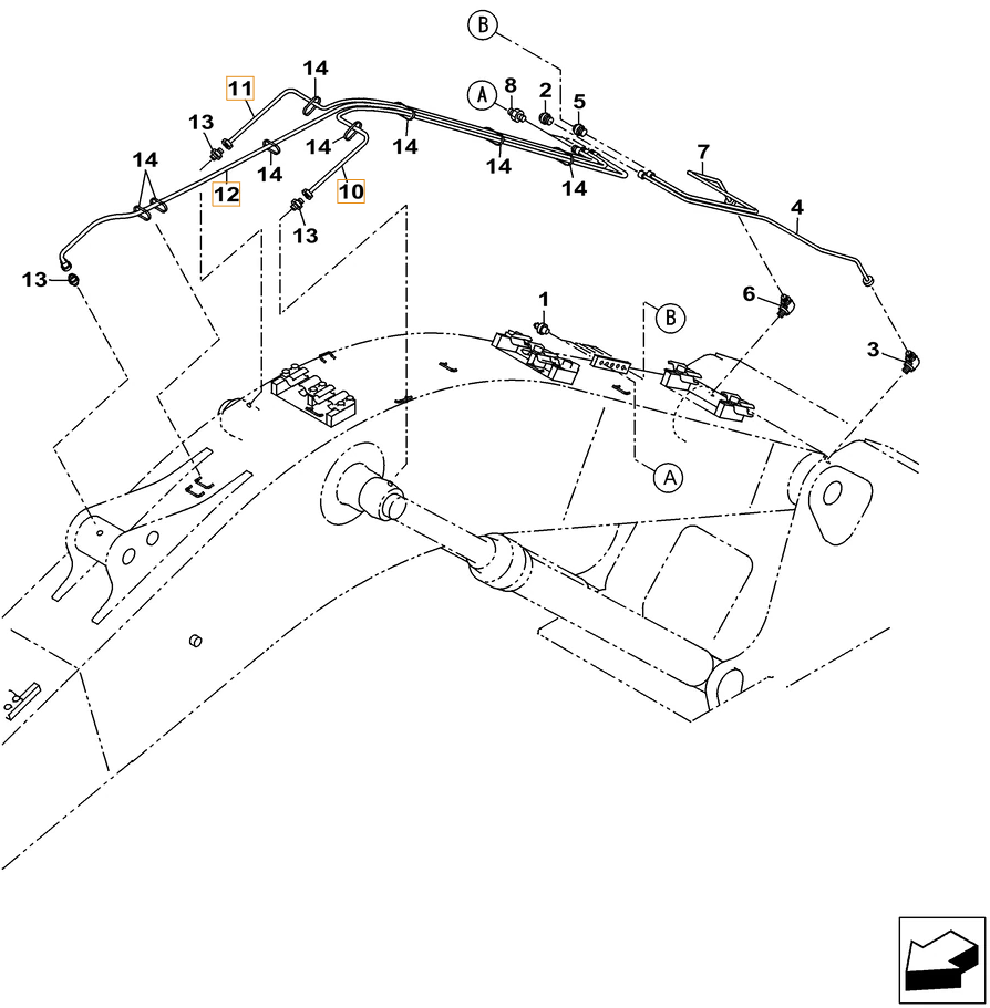 Case CX250C LC installation diagram showing hydraulic hose KHJ2172 at Pipe No. 12