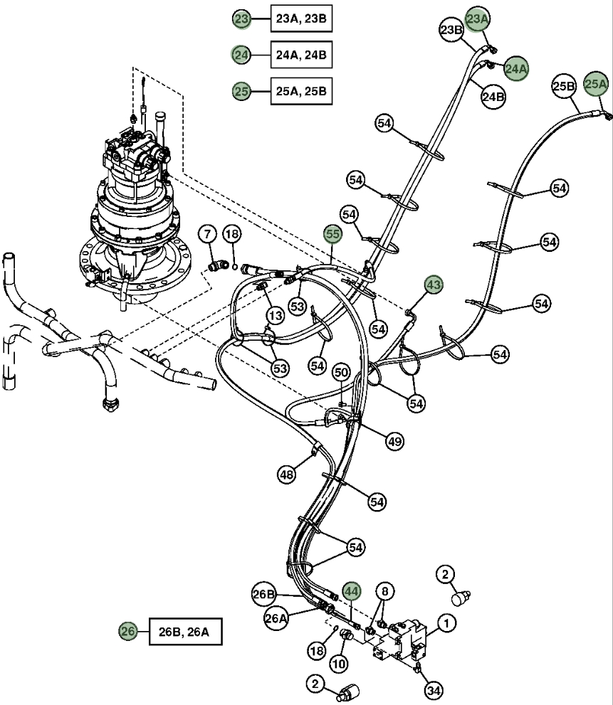 Hitachi ZX200LC-3 installation diagram showing hydraulic hose 9263866 at Pipe No. 26